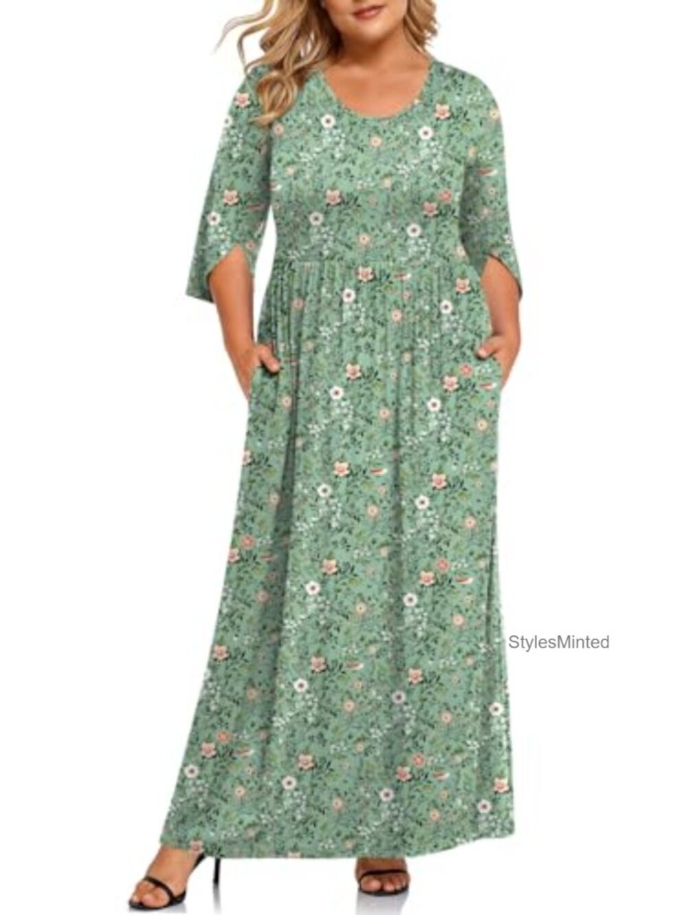 Women's Plus Size Maxi Dress with Pockets - 3/4 Sleeve Rayon Casual Long Dress